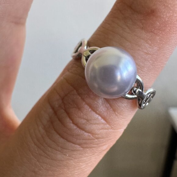 Sterling Silver 925 Link Band Ring with Pearl - Picture 2 of 6